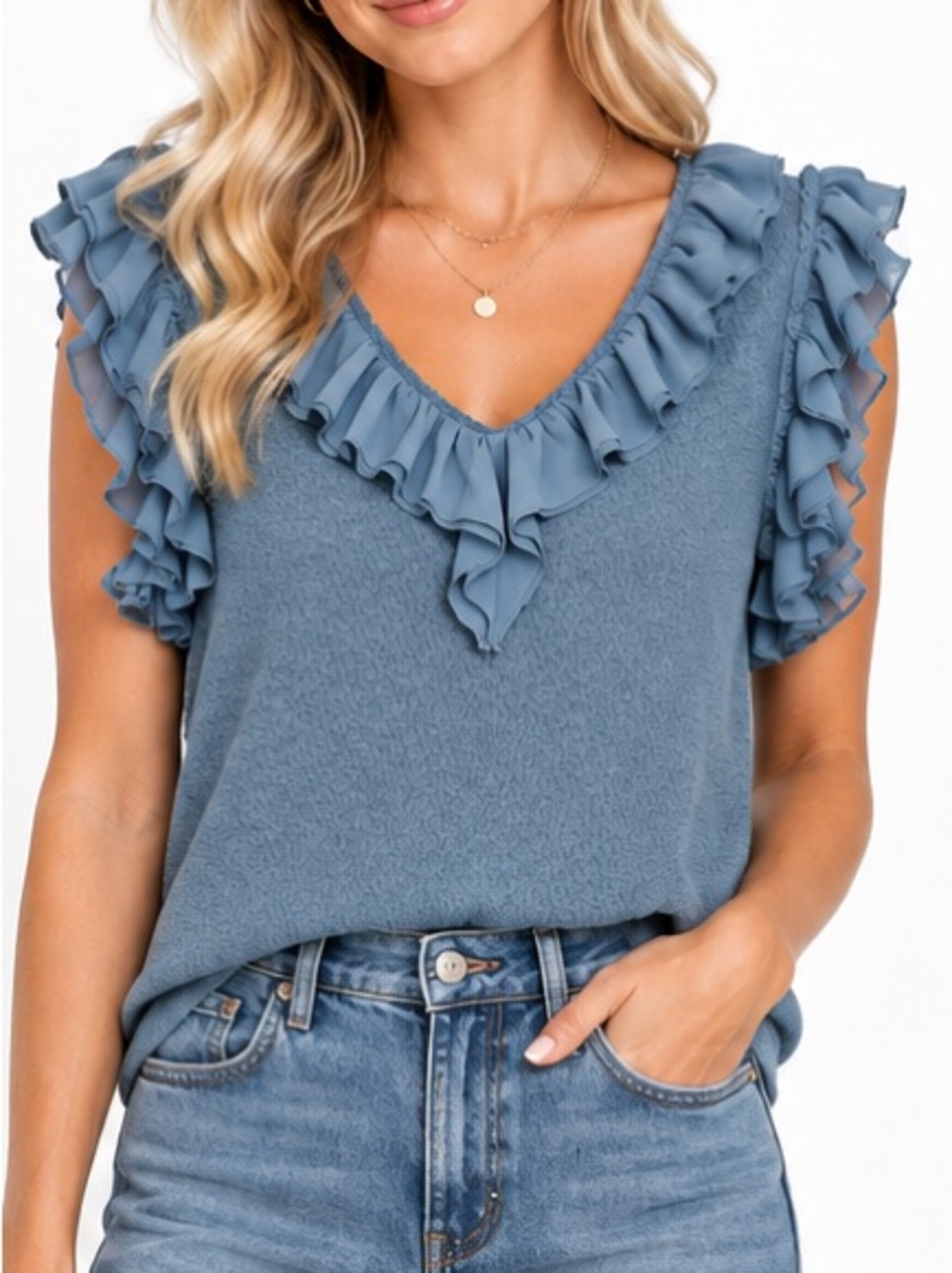 GiGio Women’s Dusty Blue Top Textured Knit Ruffle V-Neck Boutique Blouse Large